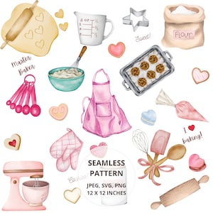 Puede incluir: Ilustración acuarela de herramientas y dulces para hornear. Incluye una batidora rosa, rodillo, tazas medidoras, batidor, delantal y galletas. Texto: "Master Baker", "Sweet!", "Flour" y "I love baking!"