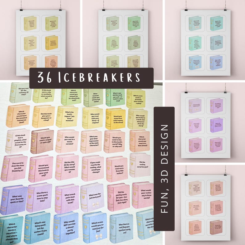 Peut inclure: Plusieurs affiches avec des questions brise-glace en forme de livre. La conception pr&eacute;sente des illustrations de livres color&eacute;s en 3D avec des questions &agrave; l'int&eacute;rieur. Le texte "36 ICEBREAKERS" est affich&eacute;, avec le texte suppl&eacute;mentaire "FUN, 3D DESIGN". L'esth&eacute;tique g&eacute;n&eacute;rale est ludique et attrayante.