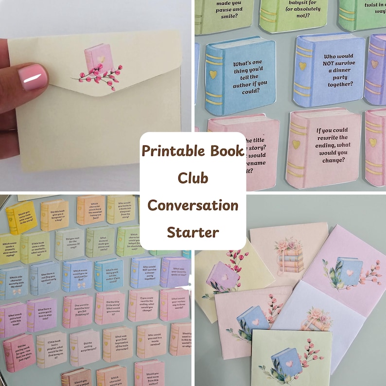 Peut inclure: Un ensemble de cartes de conversation imprimables pour club de lecture. L'image pr&eacute;sente des cartes en forme de livre color&eacute;es avec des questions de discussion, ainsi que des enveloppes d&eacute;cor&eacute;es. Le texte "Printable Book Club Conversation Starter" est &eacute;galement visible.