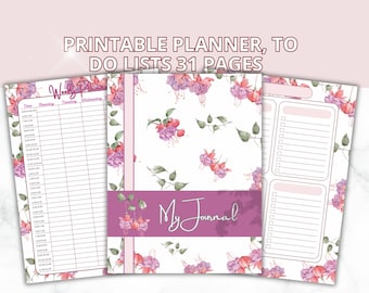 Lot d'agendas imprimables floraux | Liste imprimable des tâches | Agenda journalier hebdomadaire et mensuel | Organiseur de fleurs fuchsia | PDF de 31 pages