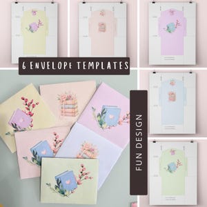 Peut inclure: Six mod&egrave;les d'enveloppes aux couleurs pastel, chacun avec des illustrations florales et de livres. L'expression "6 Envelope Templates" est affich&eacute;e dans un rectangle marron fonc&eacute;. Les mots "Fun Design" sont affich&eacute;s dans un rectangle marron fonc&eacute; vertical.
