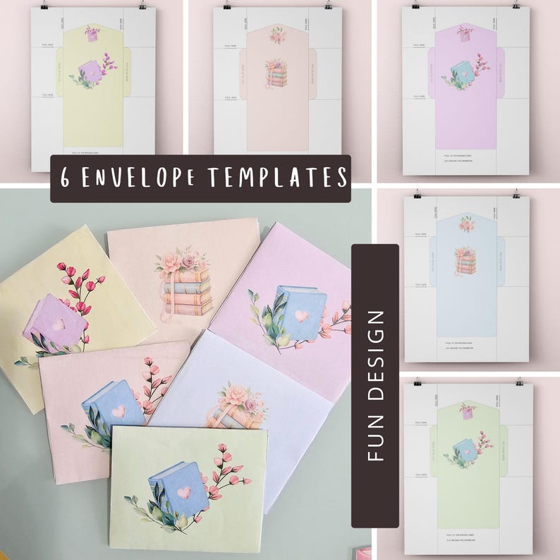 Peut inclure: Six mod&egrave;les d'enveloppes aux couleurs pastel, chacun avec des illustrations florales et de livres. L'expression "6 Envelope Templates" est affich&eacute;e dans un rectangle marron fonc&eacute;. Les mots "Fun Design" sont affich&eacute;s dans un rectangle marron fonc&eacute; vertical.