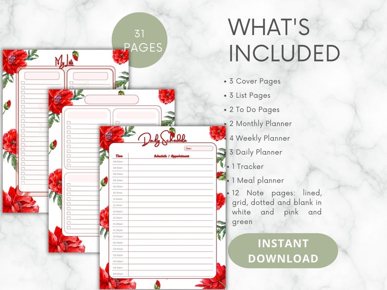 Floral Printable Planner Bundle | Printable List Note Pages | Daily ...