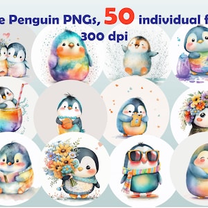 50 Pinguins fofos clipart pinguim PNG pacote planejador adesivo camiseta tecido POD suprimentos aniversário scrapbooking kawaii clipart fofo PNG camiseta