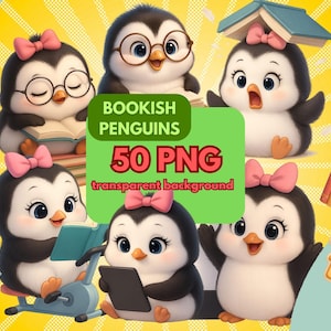 Buch Liebhaber Clipart PNG Bundle Kawaii Pinguine Lese Bücher Clipart Lustige Bücherwurm Geek Cartoon Illustration Digitale Aufkleber Sublimation Kunst