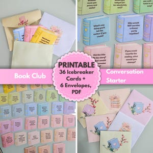 Peut inclure: Un ensemble de cartes de d&eacute;marrage de conversation pour club de lecture et d'enveloppes imprimables. Les cartes sont con&ccedil;ues pour ressembler &agrave; des livres miniatures aux couleurs pastel. Les enveloppes sont d&eacute;cor&eacute;es d'illustrations florales et de livres.