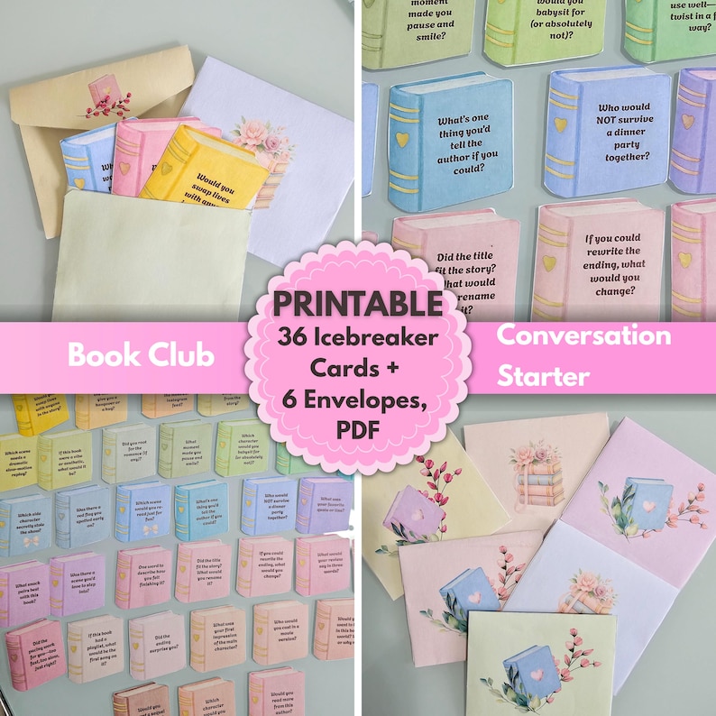 Peut inclure: Un ensemble de cartes de d&eacute;marrage de conversation pour club de lecture et d'enveloppes imprimables. Les cartes sont con&ccedil;ues pour ressembler &agrave; des livres miniatures aux couleurs pastel. Les enveloppes sont d&eacute;cor&eacute;es d'illustrations florales et de livres.