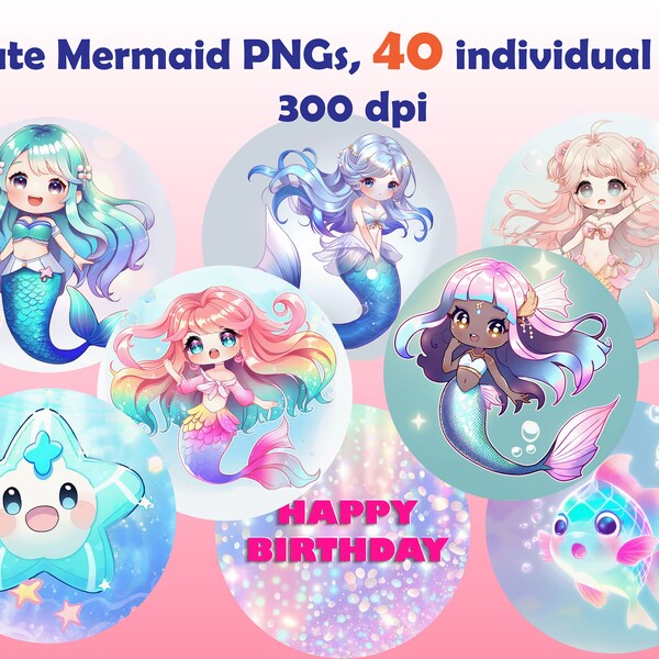 40 Mermaid Clipart Mermaid PNG bundle Birthday mermaid caketopper Planner Sticker Fabric POD Supplies scrapbooking kawaii cute mermaid mugs