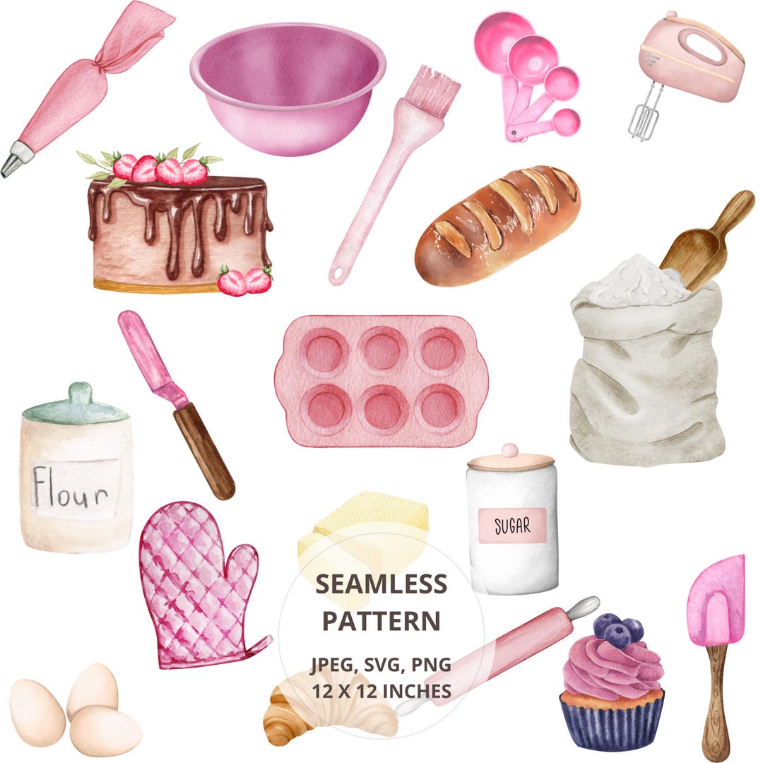 Cute Baker Watercolor Seamless Pattern – Pink Baking Tools, Cake, Bread ...