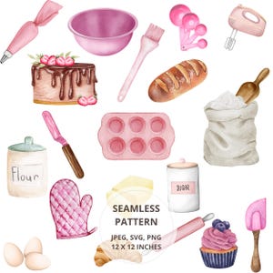 May include: Watercolor illustration of baking supplies and baked goods. Includes a cake, cupcake, bread, mixing bowl, measuring spoons, flour, sugar, eggs, and a rolling pin. The image also includes a pink oven mitt, spatula, and a muffin tin.