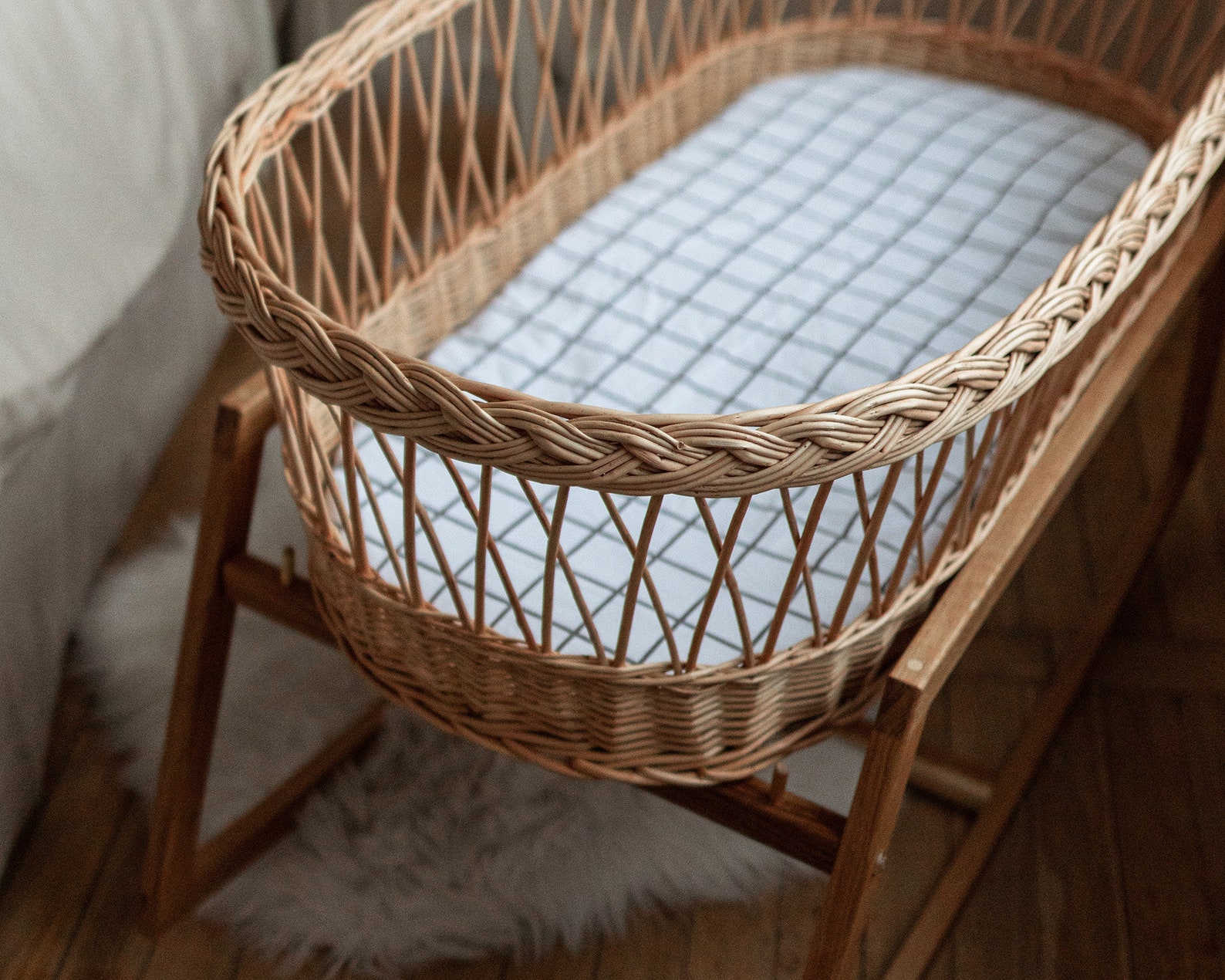 Baby Moses Basket with Grey And White Grid sheet Wicker Etsy