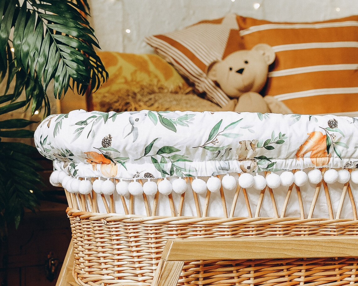 Baby Moses Basket with bedding textile Forest Animals Etsy
