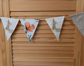 Garland Bunting Flags, Woodland Handmade Fabric Flags, Adjustable Length, Nursery & Party Decoration