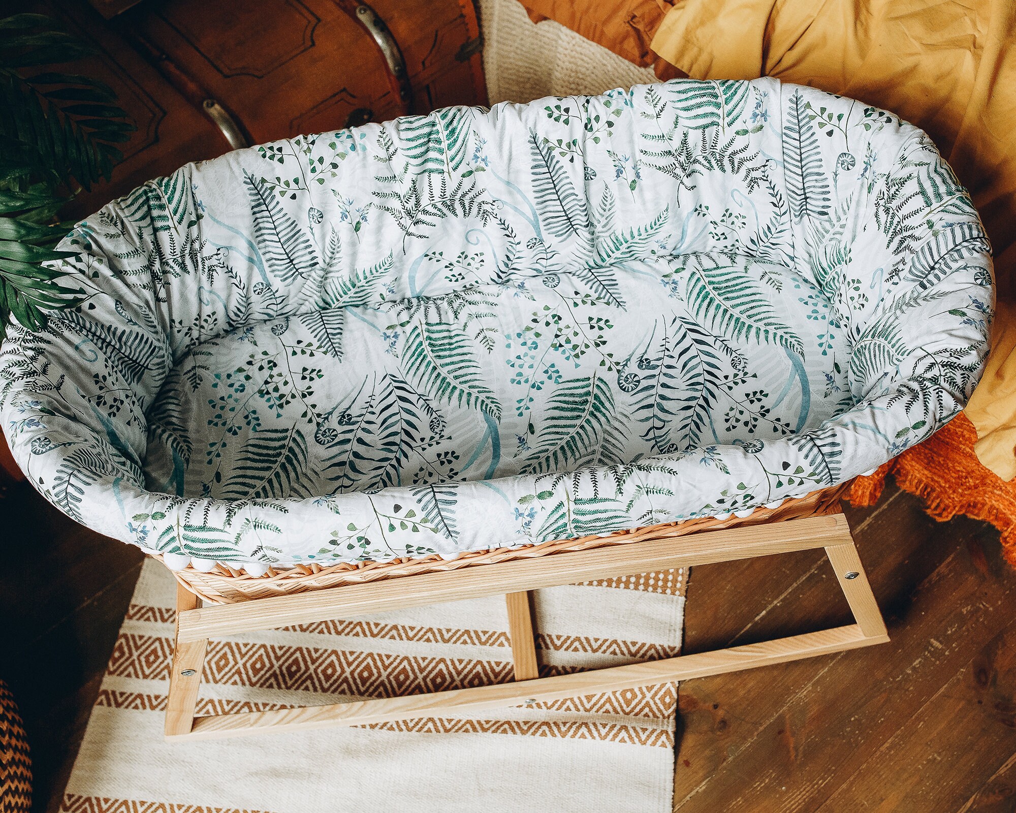 Baby Moses Basket with bedding textile Ferns / Wicker Etsy