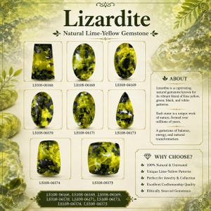 May include: A collection of eight polished Lizardite gemstones in various shapes, including oval, pear, and rectangular cuts. Each stone features a vibrant lime-yellow, black, and white mottled pattern. Labels include codes LS108-06166 through LS108-06175.