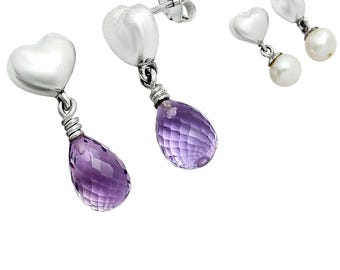 Sterling Silver Heart Drop Earrings: Amethyst or Pearl Dangle