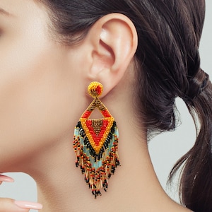 Tribal Beaded Fringe Earrings, Boho Statement Jewelry, Glass Seed Bead Dangle, Brass Base