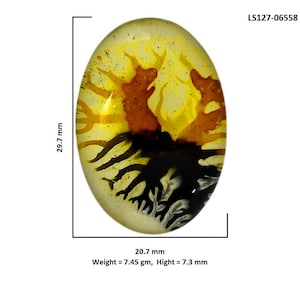 May include: An oval-shaped cabochon with a translucent yellow base featuring dark brown and black dendritic patterns. The item is labeled LS127-06558 and measures 29.7 mm by 20.7 mm, with a height of 7.3 mm and a weight of 7.45 grams.