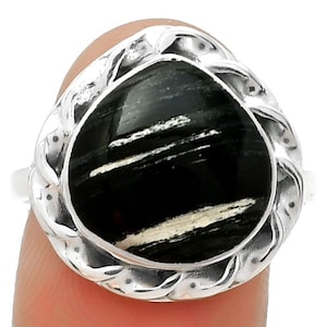 Silver Leaf Obsidian Ring: 925 Sterling Silver Boho Statement Jewelry