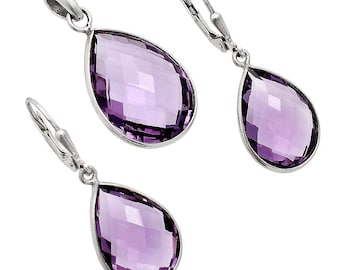 Amethyst Jewelry Set: Sterling Silver Pendant & Earrings, Natural Gemstone