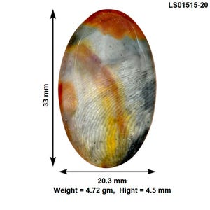 May include: An oval-shaped gemstone with a mix of colors, including orange, yellow, gray, and white. The stone is 33 mm long and 20.3 mm wide, with a weight of 4.72 grams and a height of 4.5 mm. The surface has a unique, layered pattern.