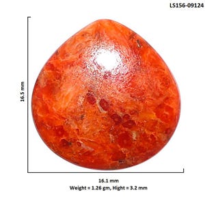 May include: A teardrop-shaped orange gemstone with a mottled texture and glossy finish. The stone measures 16.5 mm by 16.1 mm with a height of 3.2 mm and a weight of 1.26 grams. The item is labeled with the reference code LS156-09124.