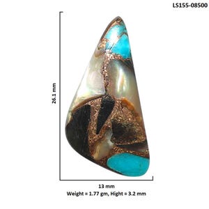 May include: A triangular gemstone with a polished surface featuring a mix of turquoise blue, black, and metallic copper veins. The stone measures 26.1 mm by 13 mm with a height of 3.2 mm and a weight of 1.77 grams. Labeled as LS155-08500.