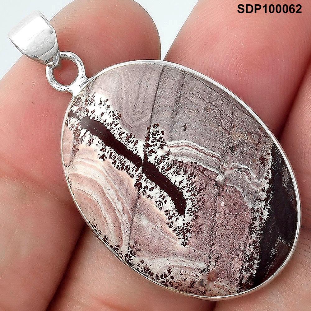 Pendentif En Agate Dendritique Et Argent 925 - Fait Main - Longueur 2.5 Pouces