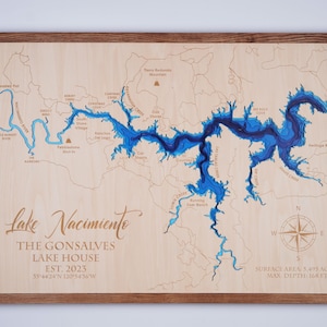Lake Nacimiento Californië houten kaart 3D aangepast kaart meer, eiland en kust Bathymetrische kaart, Cabin House Wall Art, kerstcadeaus