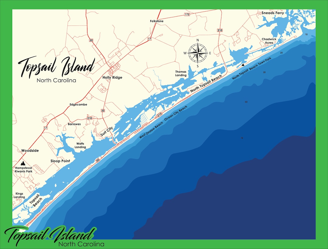 Digital File PDF, SVG Topsail Island North Carolina, Bathymetric Depth