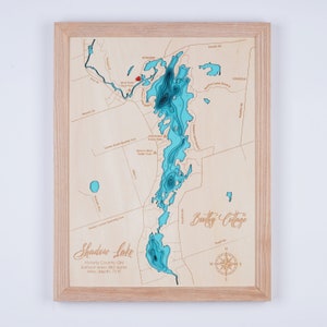 Houten kaart Shadow Lake Ontario 3D Custom kaart Lake, Island, Coast Bathymetrische kaart, Cabin House Wall Art, kerstcadeaus