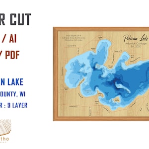 May include: A laser cut wooden map of Pelican Lake in Oneida County, Wisconsin. The map shows the lake's depth contours in shades of blue. The map is framed in a light wood frame. The text "Pelican Lake Artymiuk Collage Est. 2020" is printed on the map.