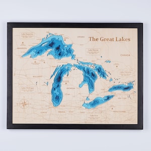 Die Großen Seen Holzkarte Benutzerdefinierte 3D See, Insel, Küste Karte Bathymetrische Karte, Cabin House Wall Art, Weihnachtsgeschenke