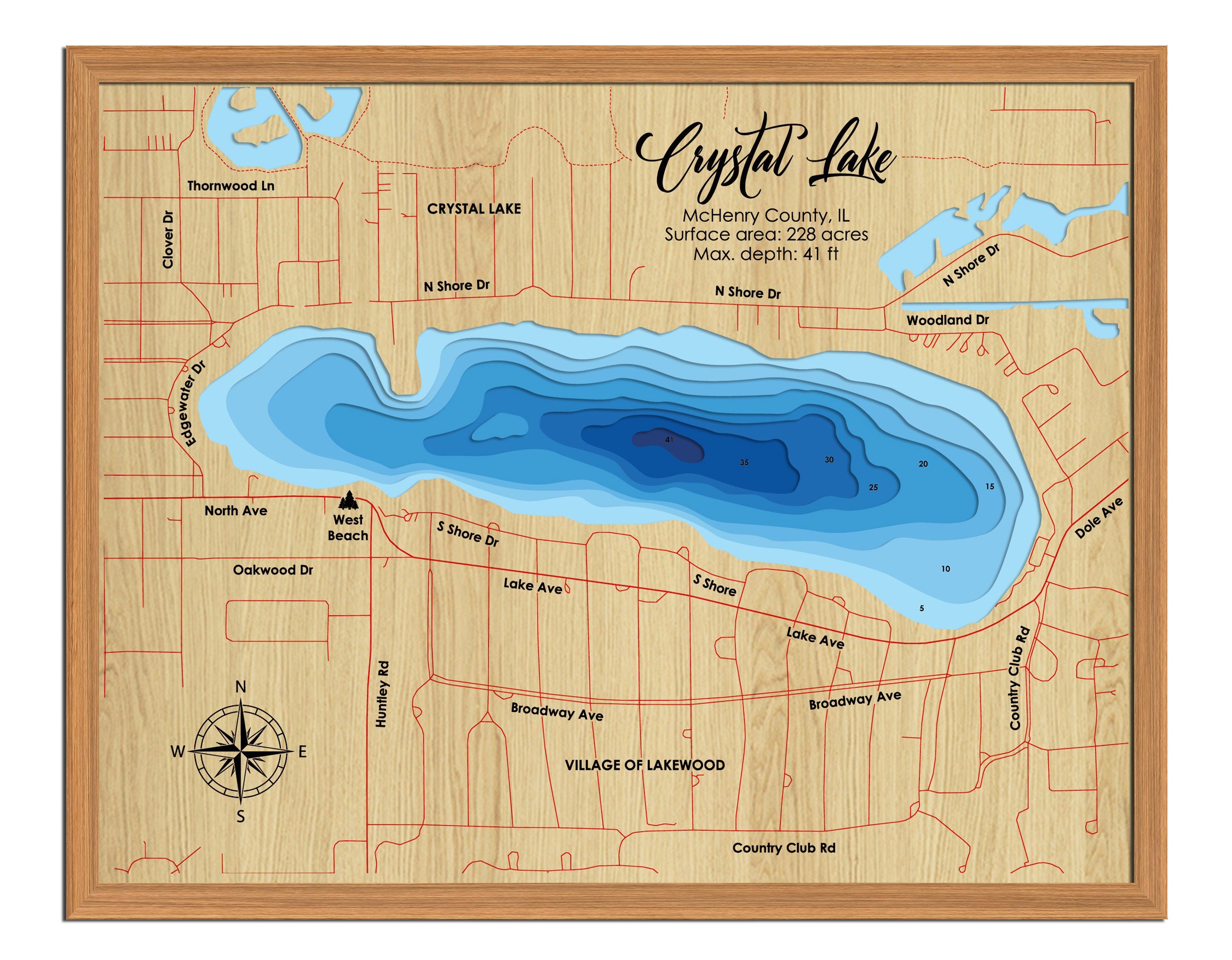 Digital File PDF, SVG - Crystal Lake Illinois Map Bathymetric Depth