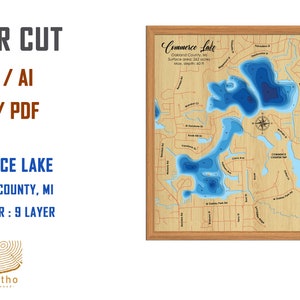 Digital File PDF, SVG - Commerce lake Michigan map Bathymetric Depth Layers SVG File, Layered Vector, Laser Cut File, wedding gift,