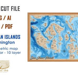 SVG - San Juan Islands Washington, Bathymetrische Tiefe Schichten SVG-Datei, Geschichtet Vektor, Laser geschnitten Datei, Hochzeitsgeschenk