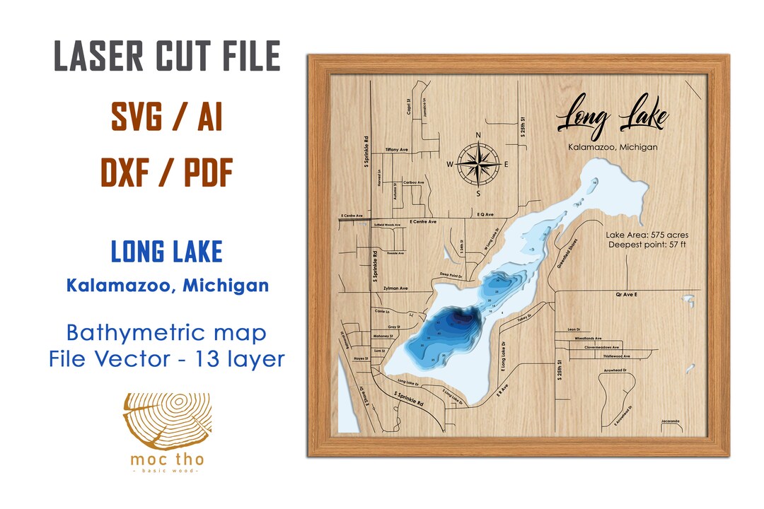 Digital File PDF, SVG Long Lake Michigan Bathymetric Depth Layers SVG
