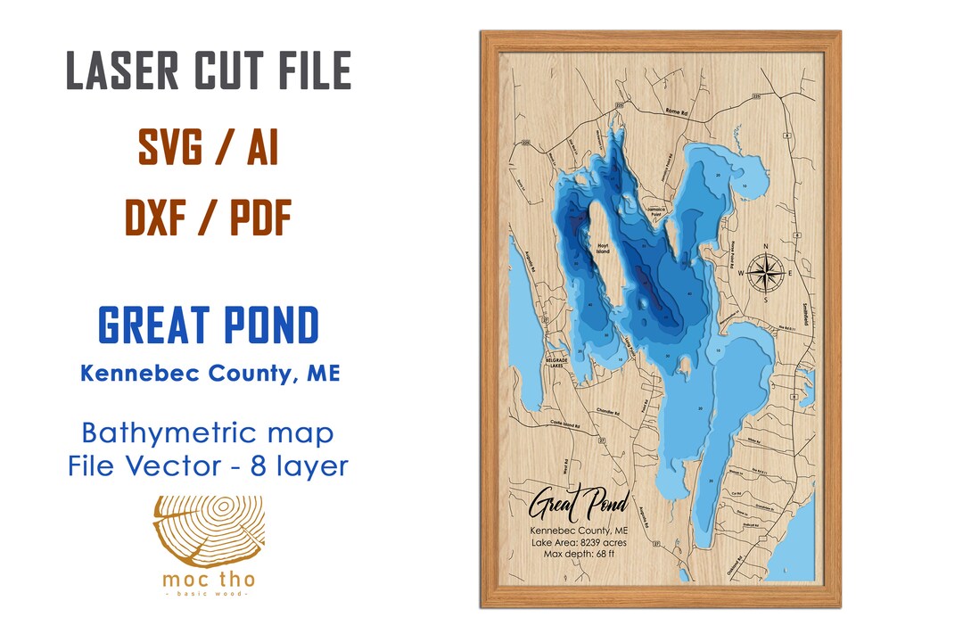 Digital File PDF SVG Great Pond Maine Bathymetric Depth Etsy