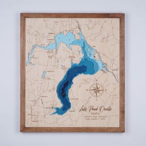 Lake Pend Oreille Idaho houten kaart 3D aangepast kaart meer, eiland en kust Bathymetrische kaart, Cabin House Wall Art, kerstcadeaus