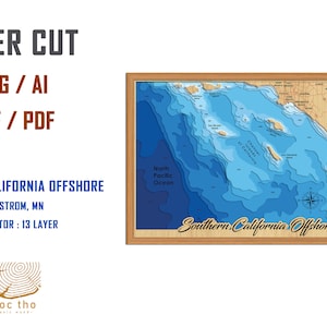 Digital File PDF, SVG - Southern California offshore map, Bathymetric Depth Layers SVG File, Layered Vector, Laser Cut File, wedding gift
