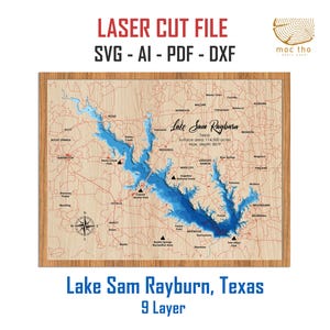 Digital fil PDF, SVG - Lake Sam Rayburn, Texas batymetriska djuplager SVG-fil, lagervektor, laserskuren fil bröllopspresent