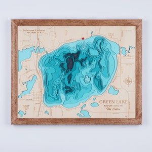 Green Lake Minnesota houten kaart 3D aangepaste kaart Lake, Island, Coast Bathymetrische kaart, Cabin House Wall Art, kerstcadeaus