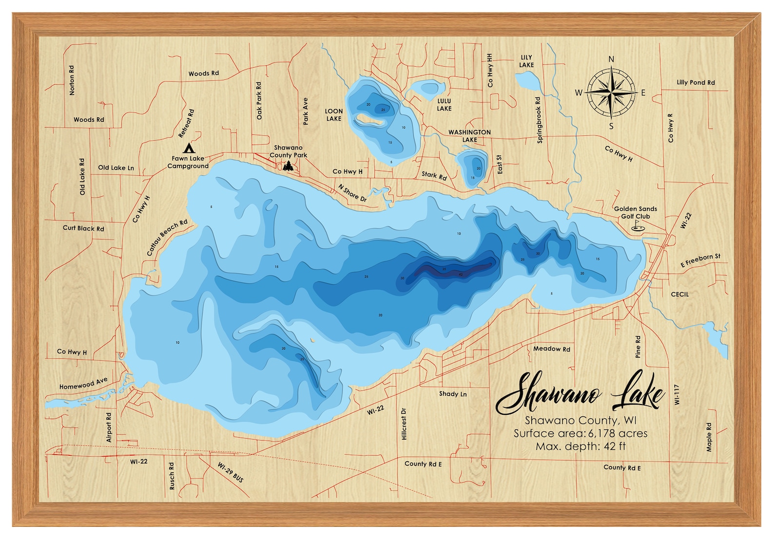 Shawano Map Digital File PDF, SVG - Shawano Lake Wisconsin Map Bathymetric Depth ...