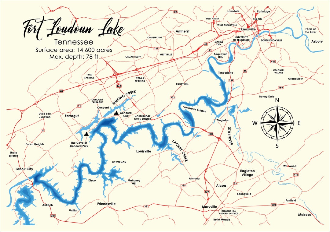 Digital File PDF, SVG Fort Loudoun Lake Tennessee Map, Bathymetric