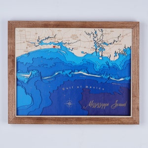 Mississippi Geluidskaart 3D Custom Lake-, eiland- en kustkaart | Bathymetrische en topografische kaart | Muurkunst Cabin House, kerstcadeaus