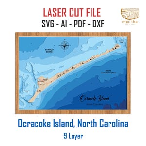 Digitale Datei - PDF, SVG - Ocracoke Island, North Carolina Bathymetrische Tiefe, Schichten, SVG-Datei, Schichtvektor, Laserschnittdatei, Hochzeitsgeschenk