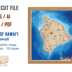 Digitale Datei - PDF, SVG - Insel von Hawaii, große Insel Karte Bathymetrische Tiefe Schichten SVG-Datei, Schicht Vektor, Laser geschnitten Datei, Hochzeitsgeschenk