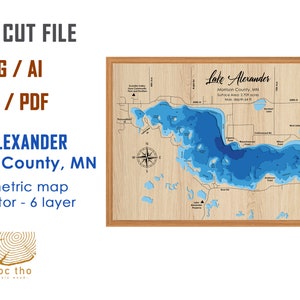 Digital File PDF, SVG - Lake Alexander Morrison Minnesota, Bathymetric Depth Layers SVG File, Layered Vector, Laser Cut File, wedding gift