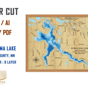 Digital File PDF, SVG - Lake Pokegama Itasca County Mn map, Bathymetric Depth Layers SVG File, Layered Vector, Laser Cut File, wedding gift