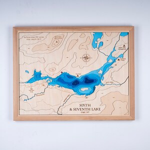 3D HOUT Seventh Lake New York Mountain + Lake-kaart | Bathymetrische en topografische kaart | Cabin House Wall Art, Inwijdingsfeest, kerstcadeaus
